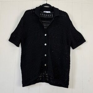 Zara Womens Black Crochet Knit Short Sleeve Button Front Top Cable Sz S/M Chunky